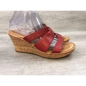 Born D30405 Women's Sandal Red Leather 9 Wedge Heel Triple Strap‎ Slide Shoes